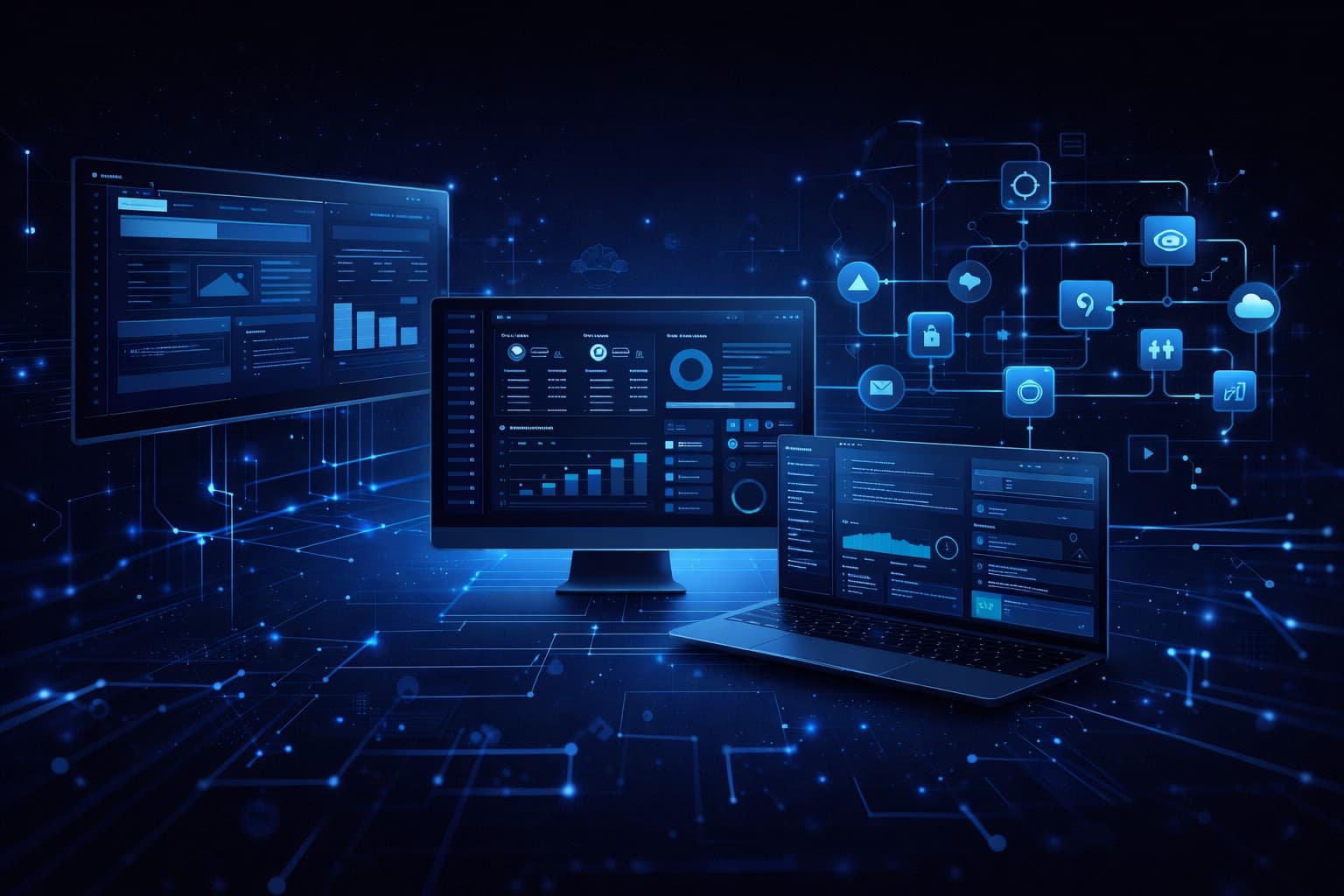 Futuristic digital workspace representing web development, CRM systems, and automation
